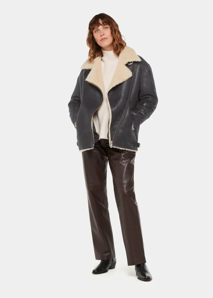 Whistles Annika Leather Aviator Jacket Navy Women Coats and Jackets