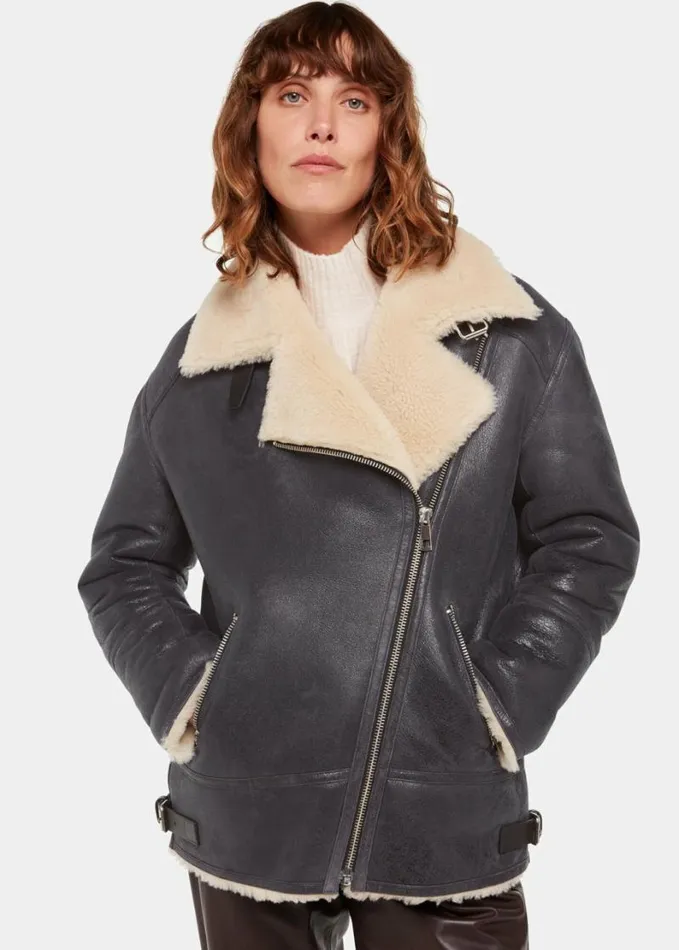 Whistles Annika Leather Aviator Jacket Navy Women Coats and Jackets