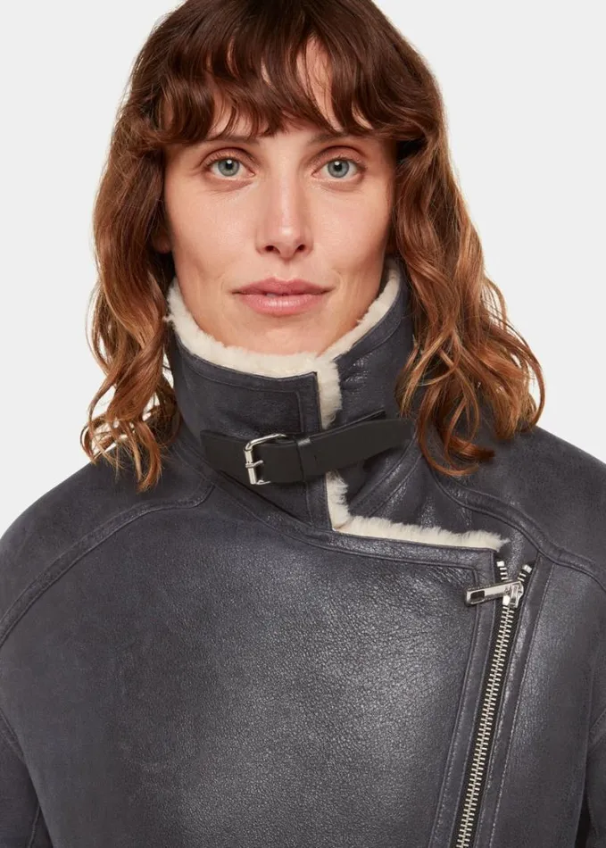 Whistles Annika Leather Aviator Jacket Navy Women Coats and Jackets