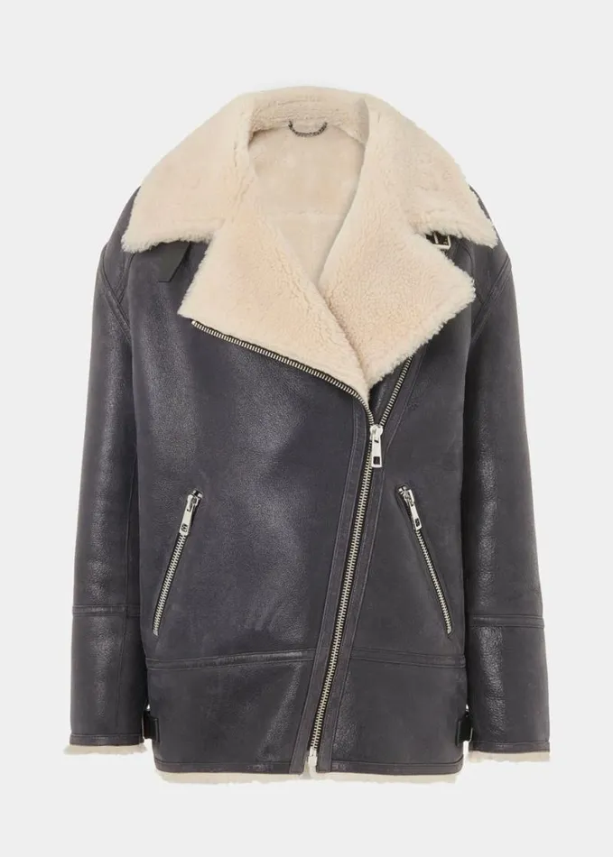 Whistles Annika Leather Aviator Jacket Navy Women Coats and Jackets