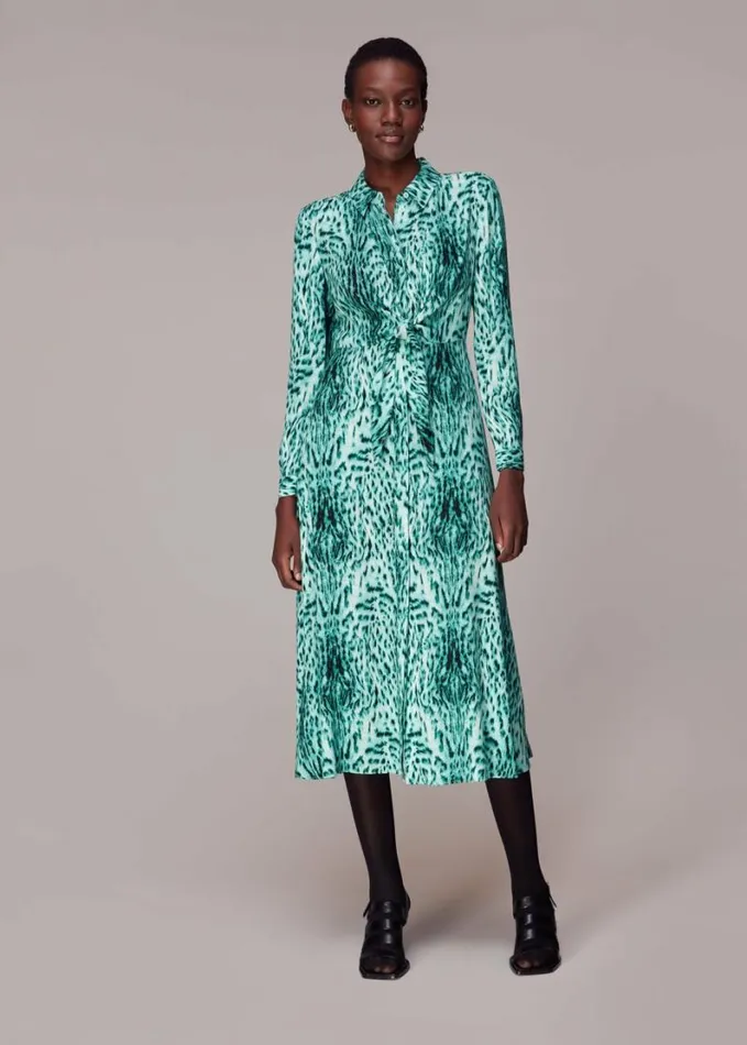 Whistles Brushed Leopard Tie Midi Dress Greenmulti Women Dresses