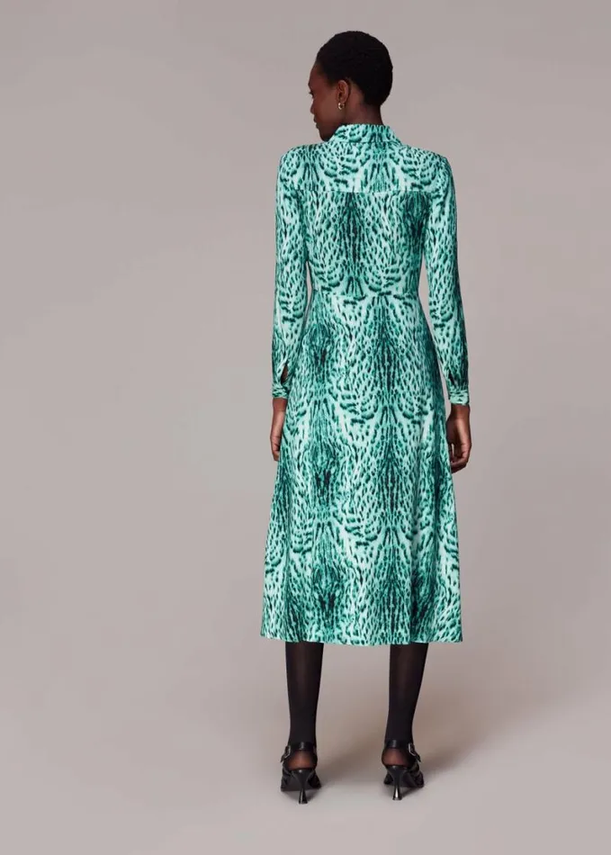 Whistles Brushed Leopard Tie Midi Dress Greenmulti Women Dresses