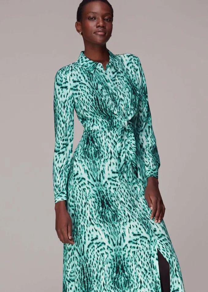 Whistles Brushed Leopard Tie Midi Dress Greenmulti Women Dresses