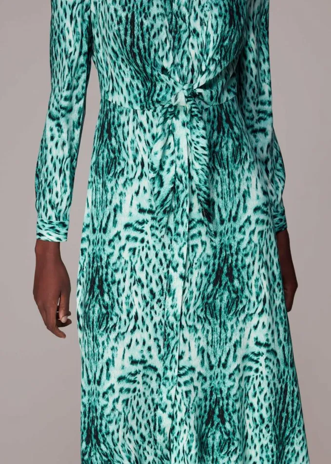 Whistles Brushed Leopard Tie Midi Dress Greenmulti Women Dresses