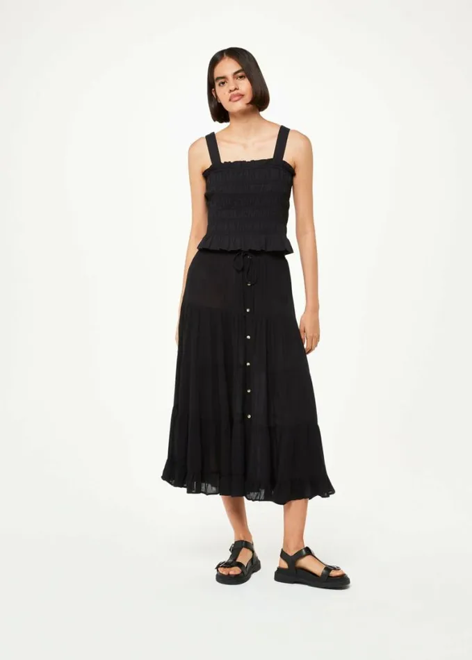 Whistles Button Front Crinkle Skirt Black Women Skirts