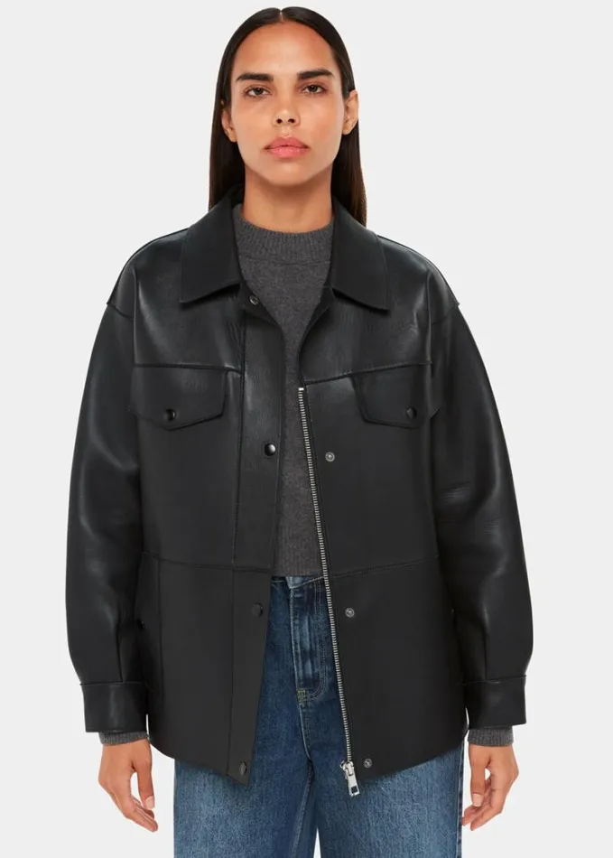 Whistles Clean Bonded Leather Jacket Black Women Coats and Jackets