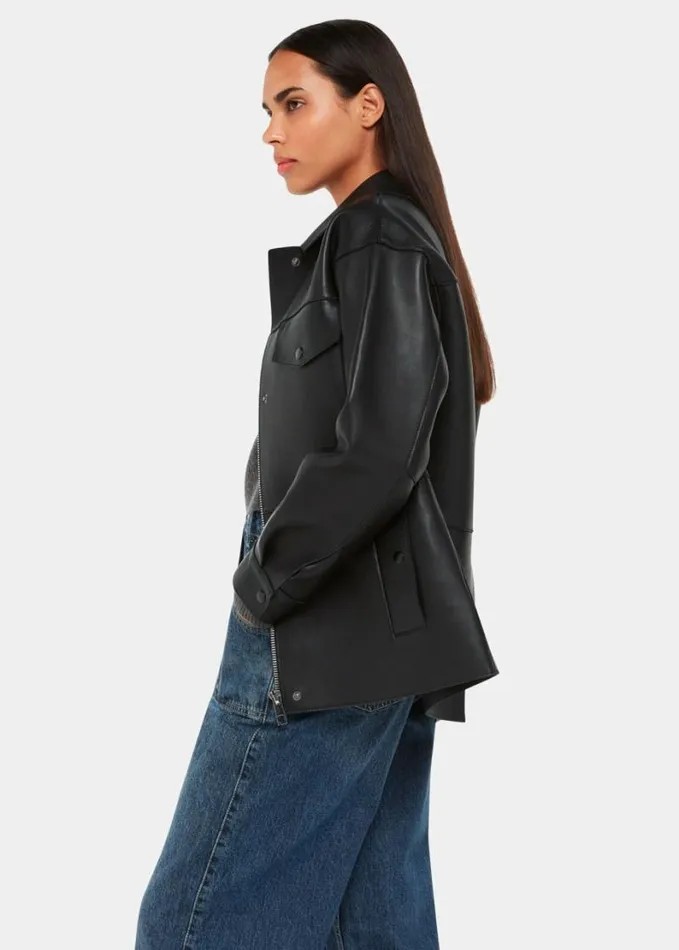 Whistles Clean Bonded Leather Jacket Black Women Coats and Jackets