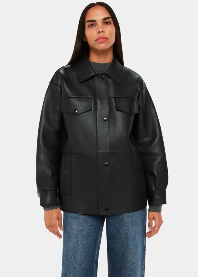 Whistles Clean Bonded Leather Jacket Black Women Coats and Jackets