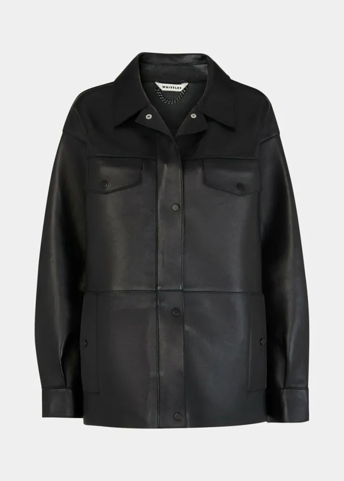 Whistles Clean Bonded Leather Jacket Black Women Coats and Jackets