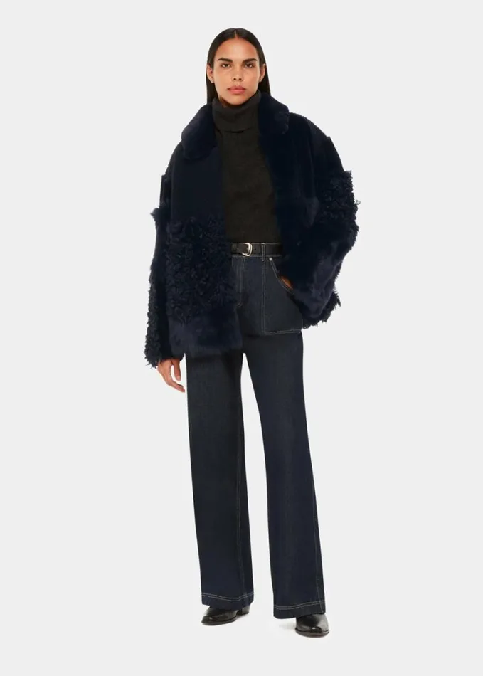 Whistles Hema Shearling Coat Navymulti Women Coats and Jackets
