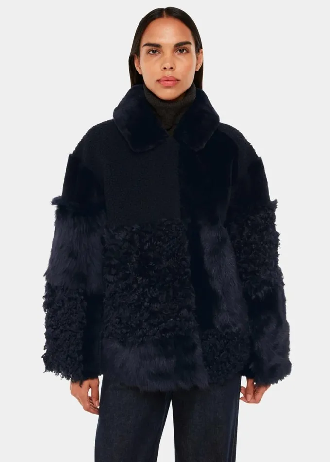 Whistles Hema Shearling Coat Navymulti Women Coats and Jackets
