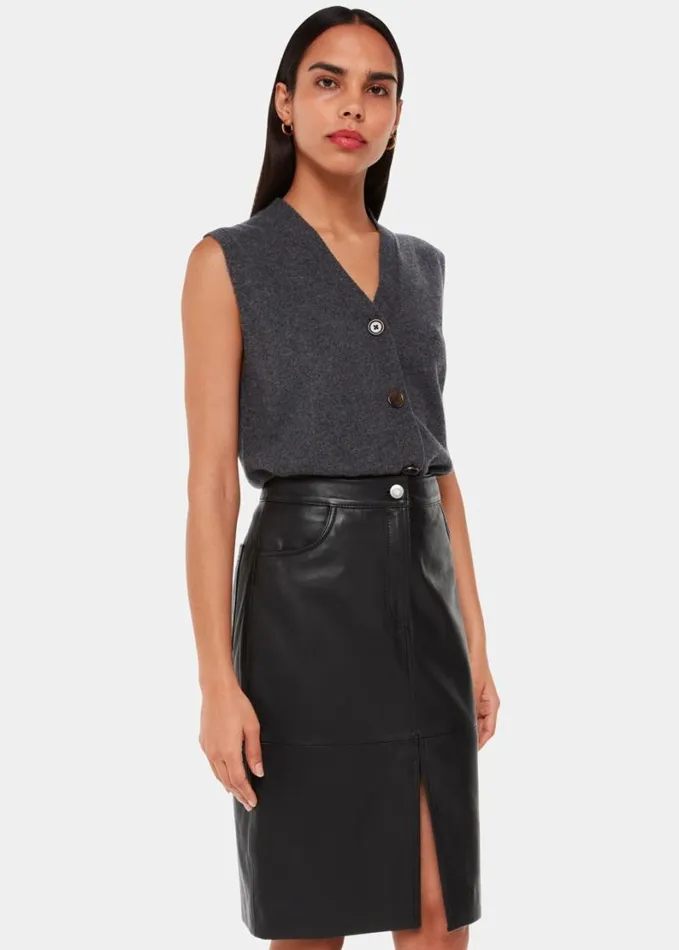 Whistles Leather Front Split Midi Skirt Black Women Skirts