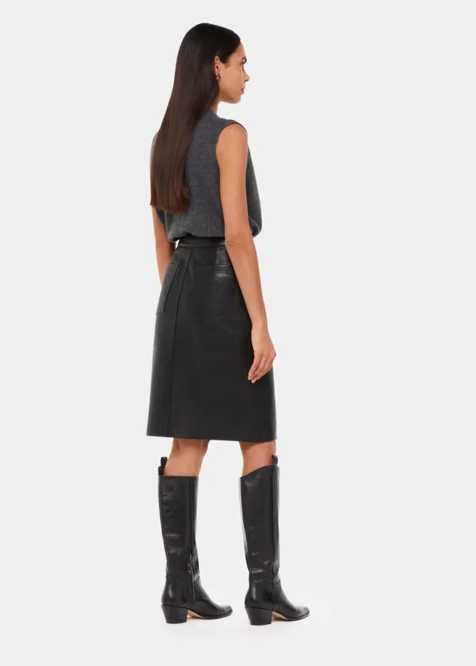 Whistles Leather Front Split Midi Skirt Black Women Skirts
