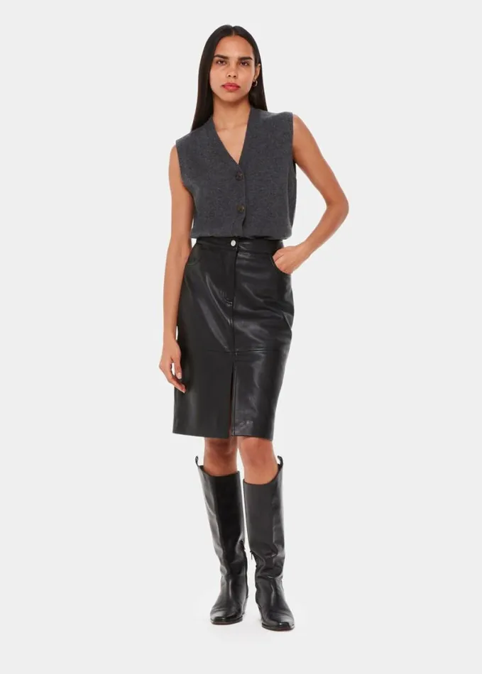 Whistles Leather Front Split Midi Skirt Black Women Skirts