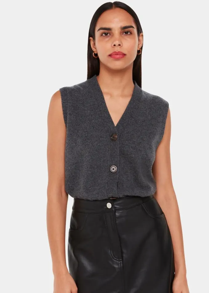 Whistles Leather Front Split Midi Skirt Black Women Skirts