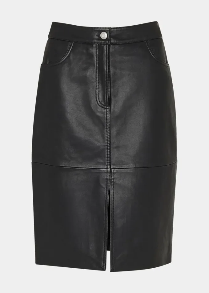 Whistles Leather Front Split Midi Skirt Black Women Skirts