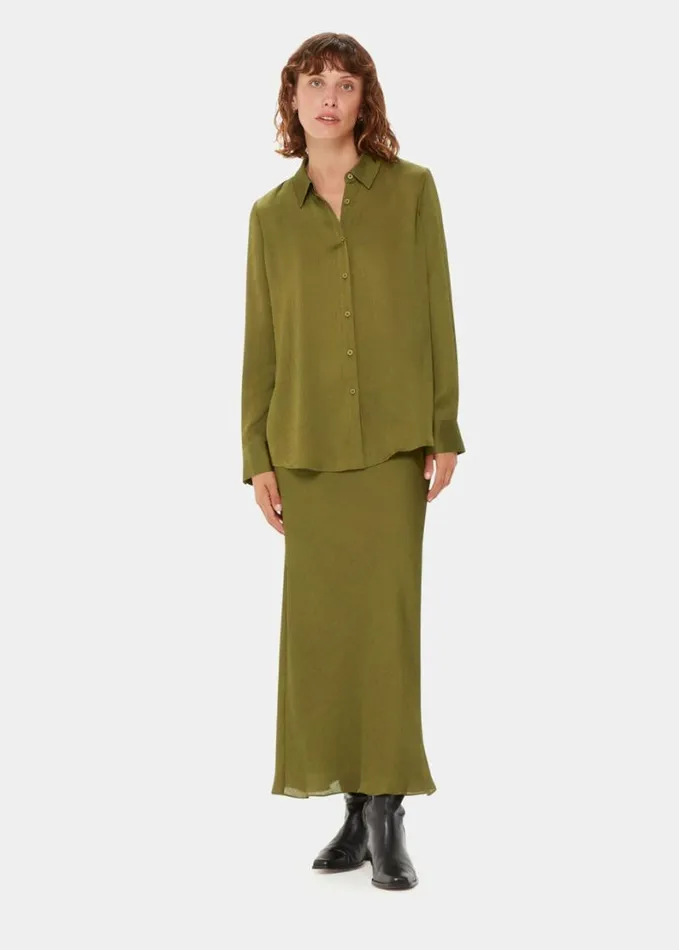 Whistles Molly Satin Shirt Khaki Women Tops