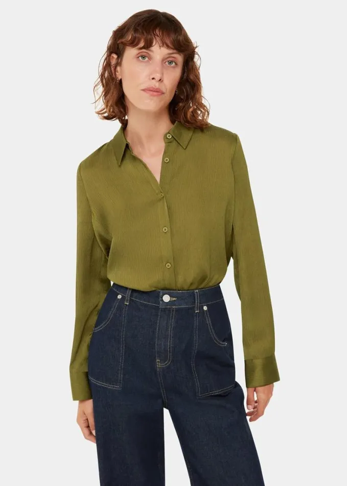 Whistles Molly Satin Shirt Khaki Women Tops