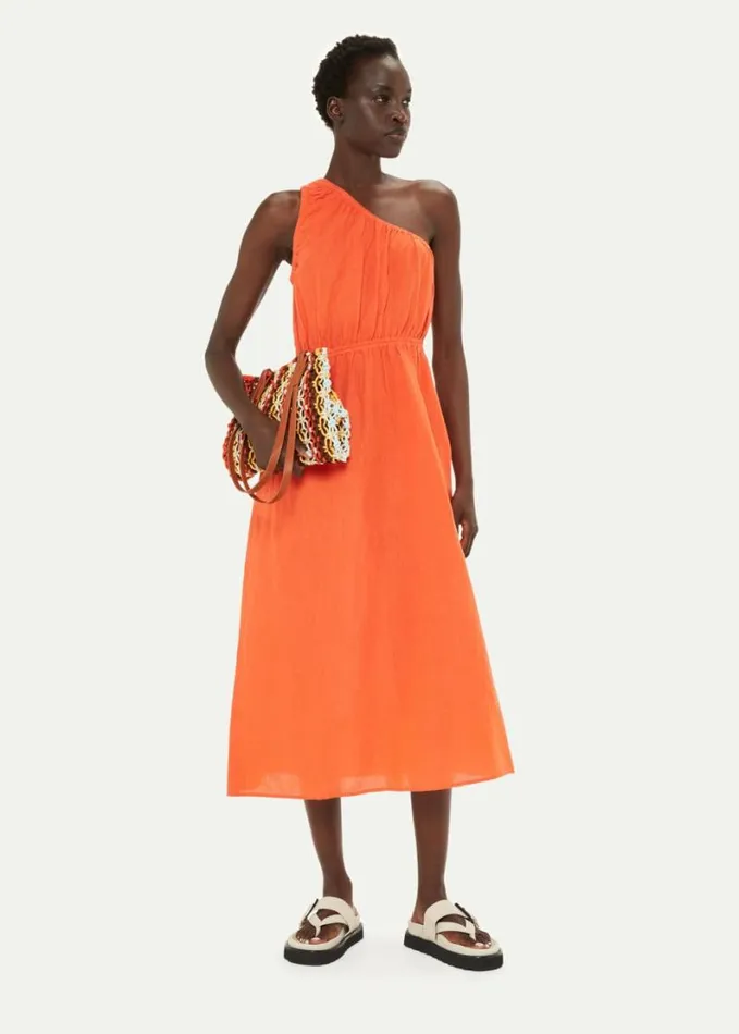 Whistles One Shoulder Linen Blend Dress Orange Women Dresses