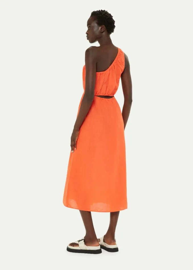 Whistles One Shoulder Linen Blend Dress Orange Women Dresses