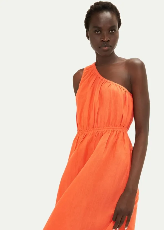 Whistles One Shoulder Linen Blend Dress Orange Women Dresses