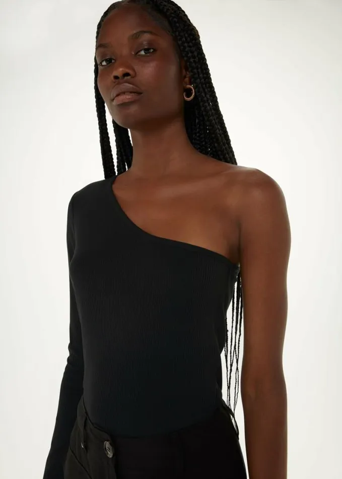 Whistles One Sleeve Ribbed Top Black Women Tops