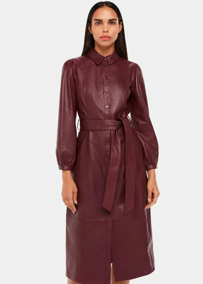 Whistles Phoebe Leather Shirt Dress Burgundy Women Dresses