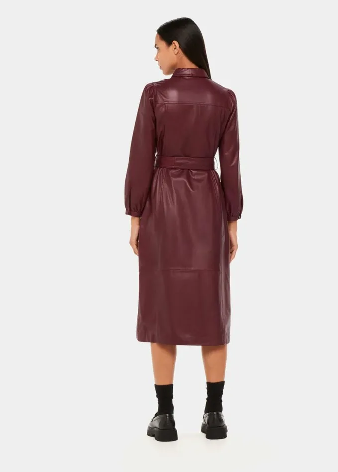 Whistles Phoebe Leather Shirt Dress Burgundy Women Dresses