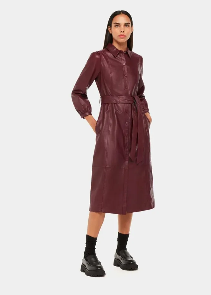 Whistles Phoebe Leather Shirt Dress Burgundy Women Dresses