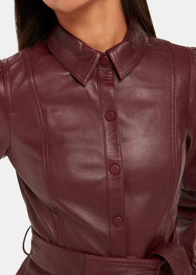 Whistles Phoebe Leather Shirt Dress Burgundy Women Dresses