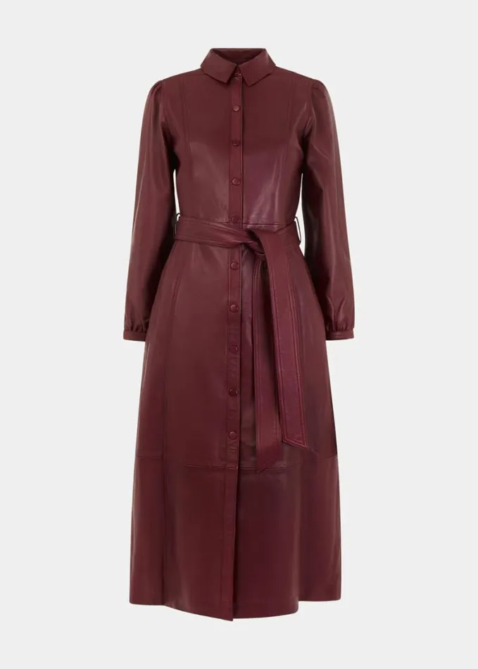 Whistles Phoebe Leather Shirt Dress Burgundy Women Dresses