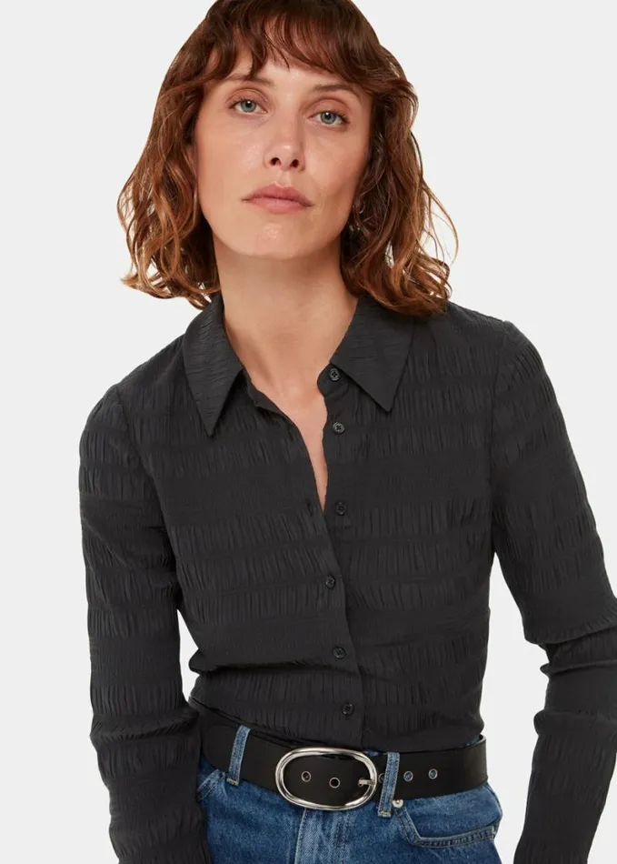 Whistles Plisse Button Front Shirt Black Women Tops