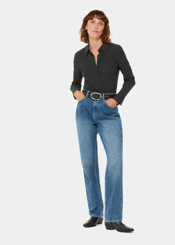 Whistles Plisse Button Front Shirt Black Women Tops