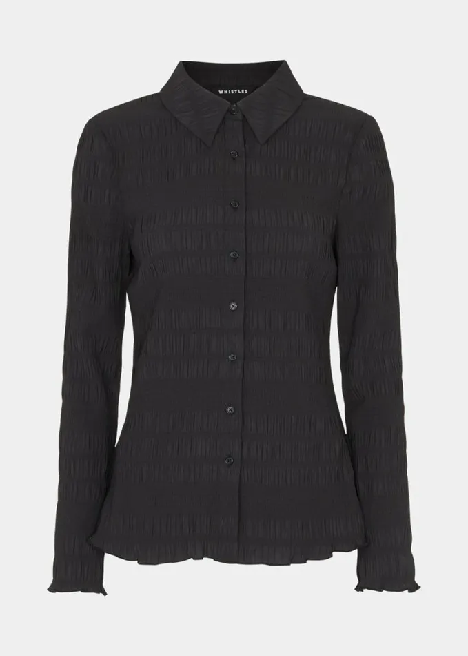 Whistles Plisse Button Front Shirt Black Women Tops