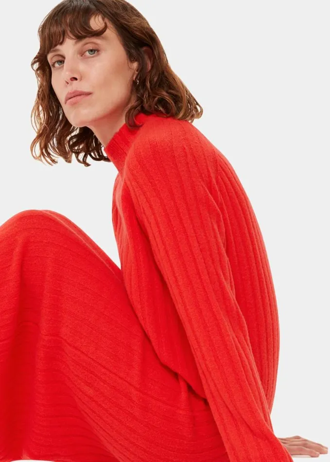Whistles Ribbed Knitted Midi Dress Red Women Dresses