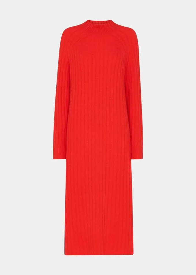 Whistles Ribbed Knitted Midi Dress Red Women Dresses