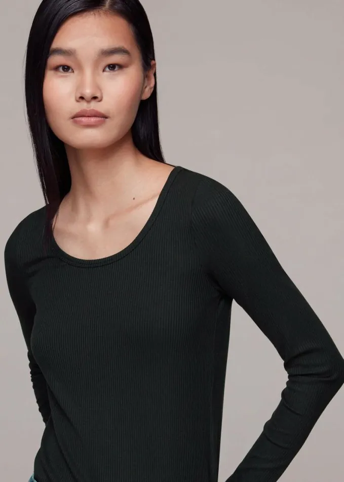 Whistles Ribbed Scoop Neck Top Black Women Tops