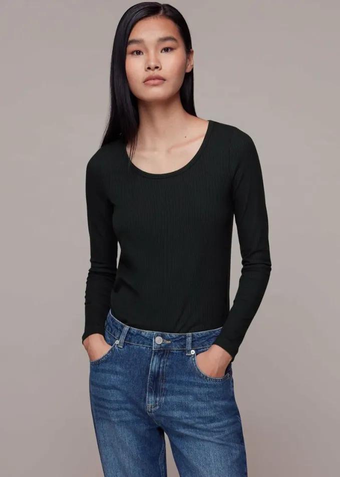 Whistles Ribbed Scoop Neck Top Black Women Tops