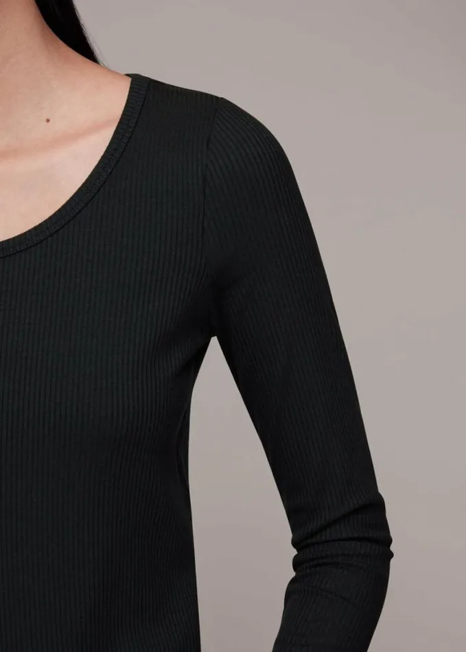 Whistles Ribbed Scoop Neck Top Black Women Tops