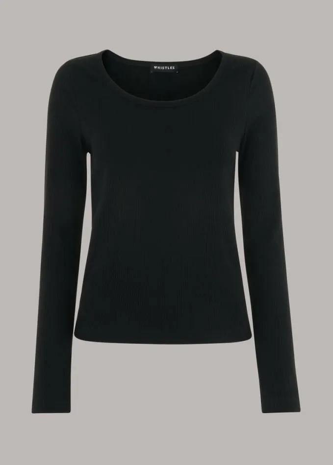 Whistles Ribbed Scoop Neck Top Black Women Tops