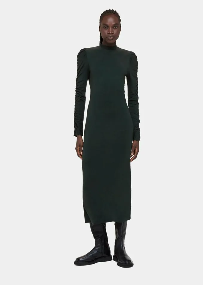 Whistles Ruched Sleeve Jersey Dress Dark Green Women Dresses