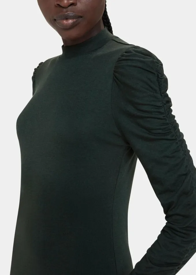 Whistles Ruched Sleeve Jersey Dress Dark Green Women Dresses