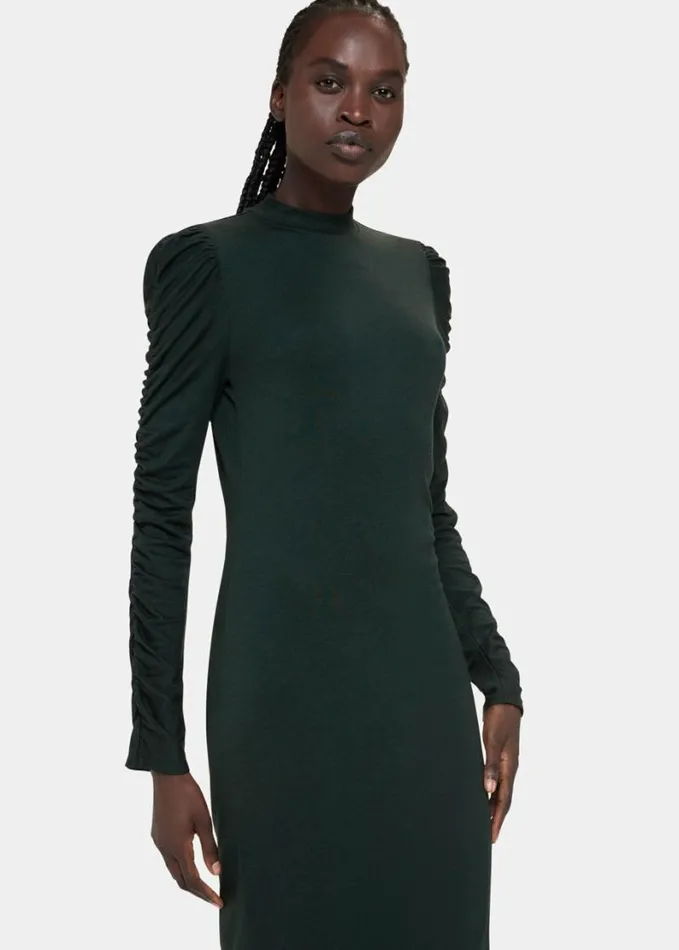 Whistles Ruched Sleeve Jersey Dress Dark Green Women Dresses