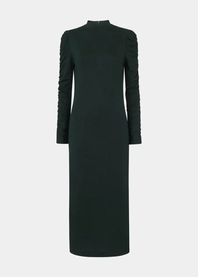 Whistles Ruched Sleeve Jersey Dress Dark Green Women Dresses