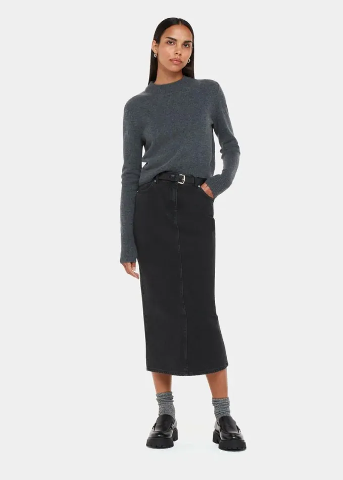 Whistles Straight Denim Midi Skirt Washed Black Women Skirts