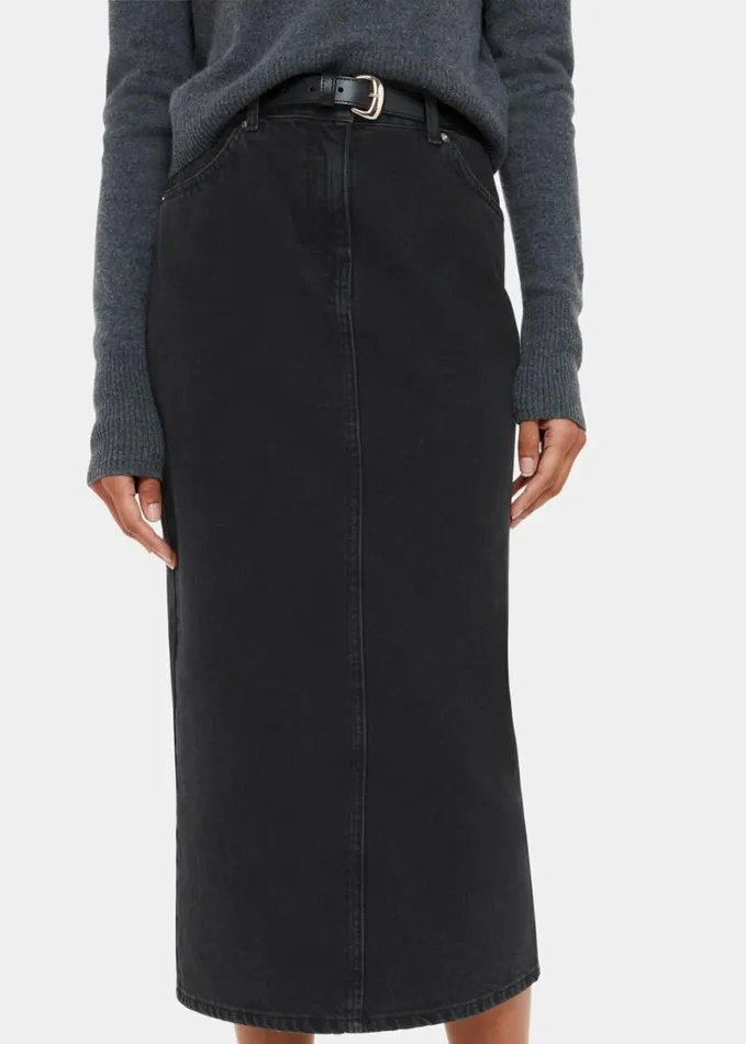 Whistles Straight Denim Midi Skirt Washed Black Women Skirts