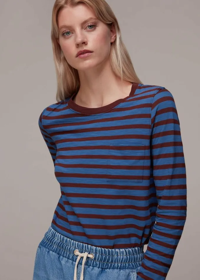 Whistles Stripe Crew Neck Pocket Top Bluemulti Women Tops