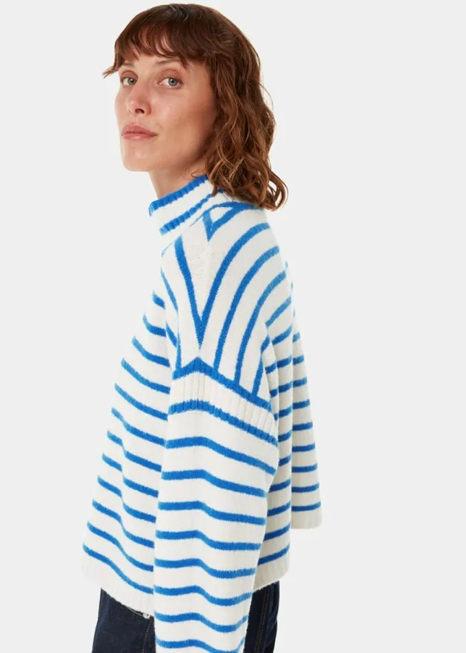 Whistles Stripe Rib Detail Funnel Knit Bluemulti Women Sweaters and Cashmere