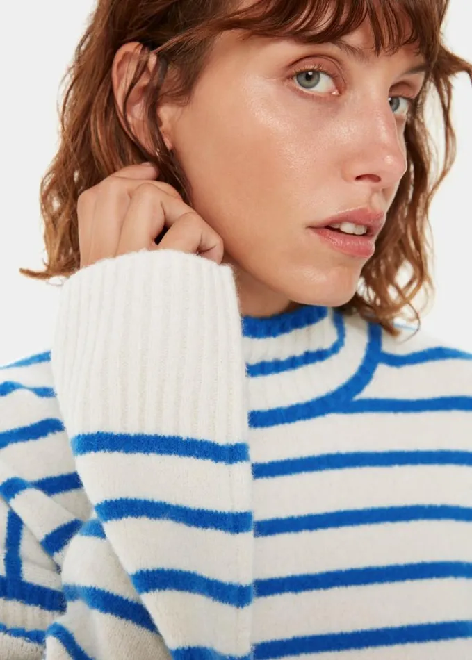 Whistles Stripe Rib Detail Funnel Knit Bluemulti Women Sweaters and Cashmere Whistles Stripe Rib Detail Funnel Knit Bluemulti Women Sweaters and Cashmere
