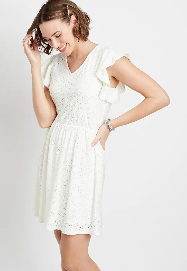 White Eyelet Lace Flutter Sleeve Mini Dress Women Maurices Dresses and Jumpsuits